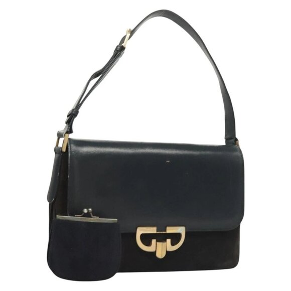 GUCCI Shoulder Bag Suede Leather Navy Gold Auth BA3980 - Picture 1 of 16